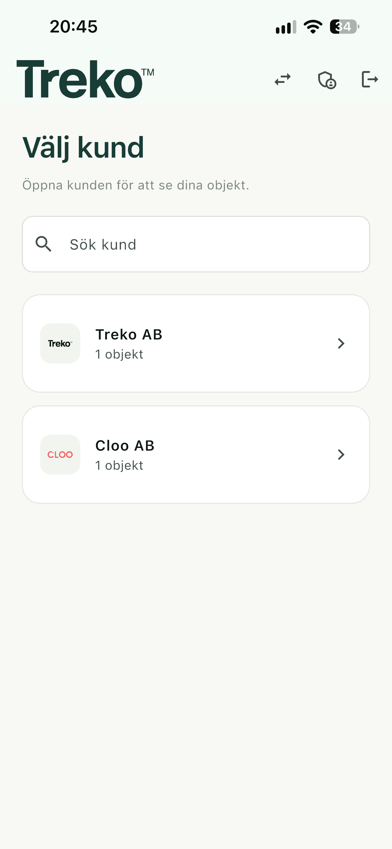 White label-version av appen med Trekos logotyp, färger och kundlista